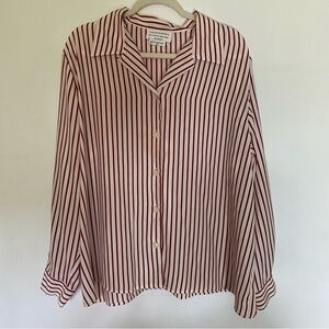 Vintage Women’s 20W Blouse Buttton-up Long-sleeved Shirt Red White Striped 80’s